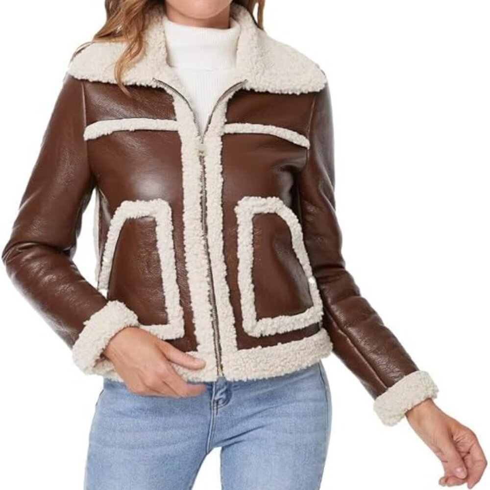 DIASHINY Women's Brown Faux Shearing Fur Winter Lined Coat Large